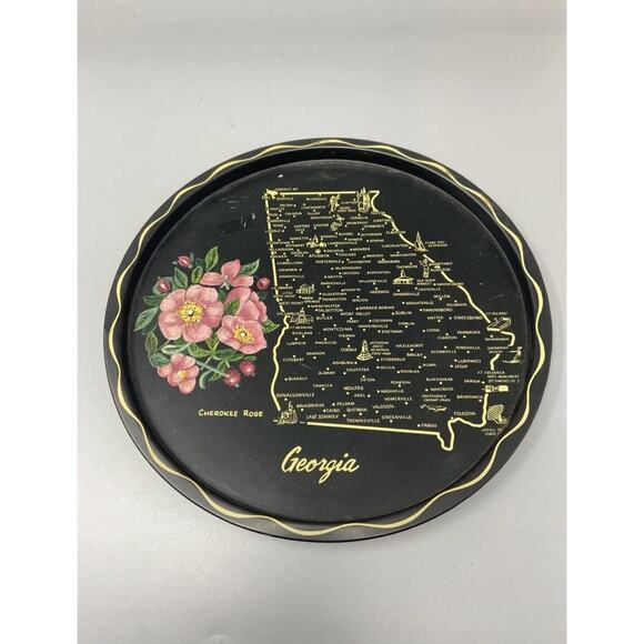 Vintage Toleway Serving Tray Georgia Cherokee Rose Black Gold Color With Flowers - Picture 1 of 12